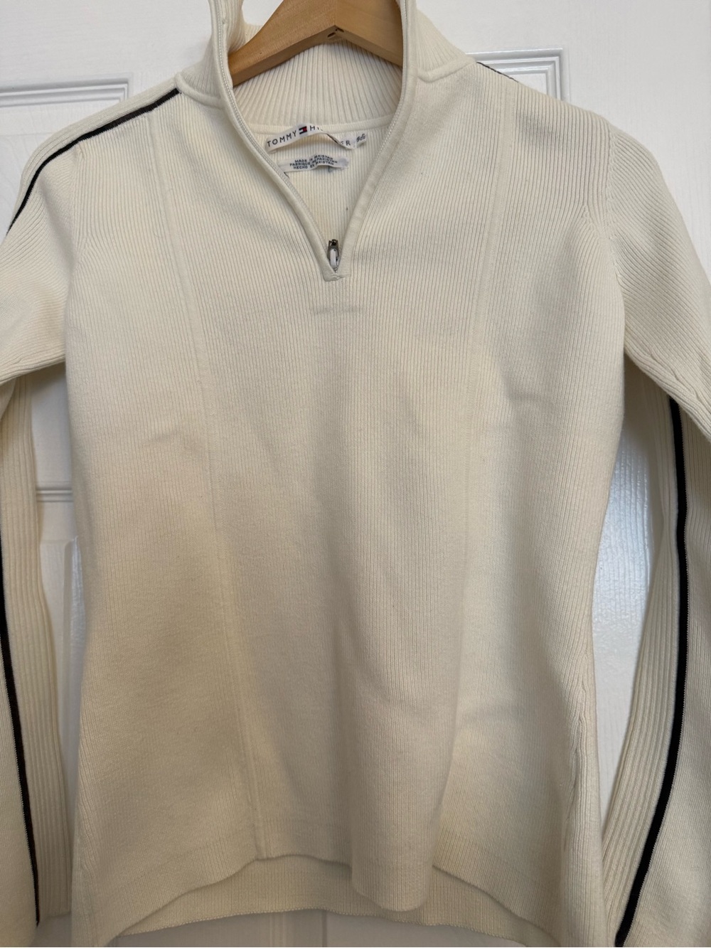 Tommy Hilfiger Cream Half-Zip Ribbed Sweater with Black Sleeve Stripe